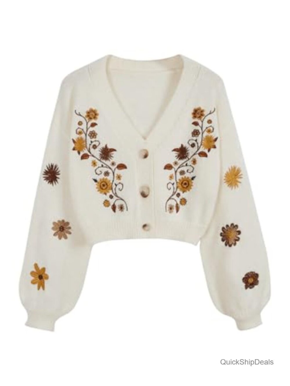 V Neck Floral Embroidered Cardigan Sweater Lantern Sleeve Button Down Cropped